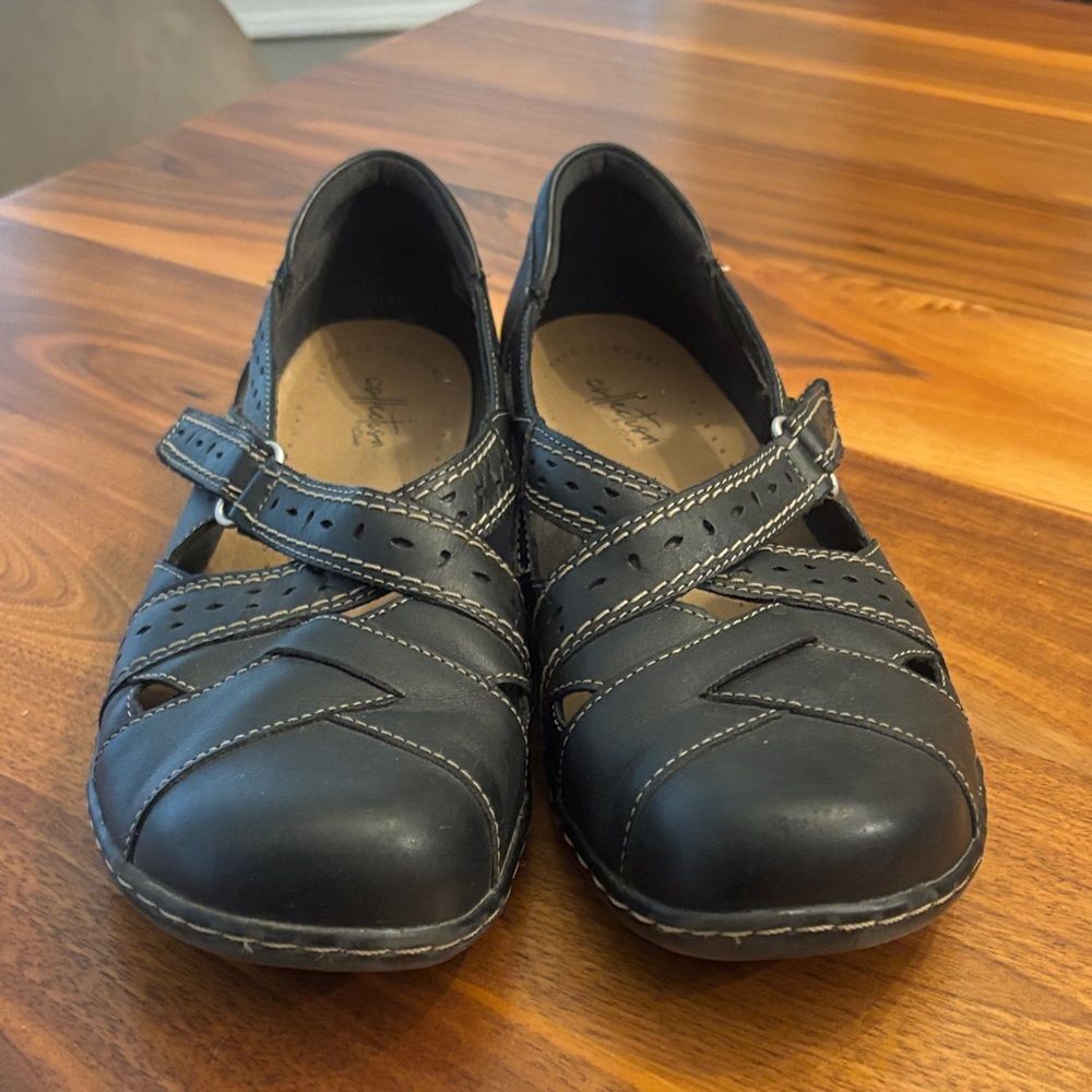 Clarks Ashland Spin Q Black Leather Slip On Shoes Size 10